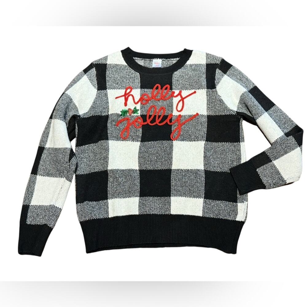 Holiday Time Black & White Checkered Holly Jolly Christmas Sweater Womens Large